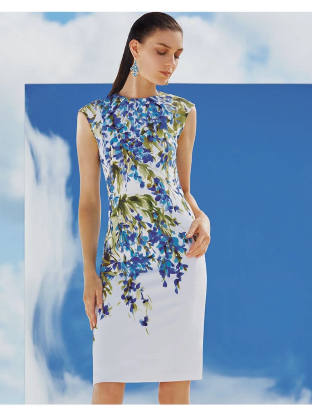 ST. JOHN Womens 8 White Blue Budding Floral Shea Silk Midi Dress Designer NEW